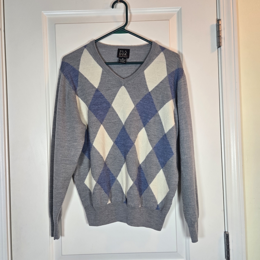 Jos. A. Bank Blue and Cream Argyle V-Neck Sweater